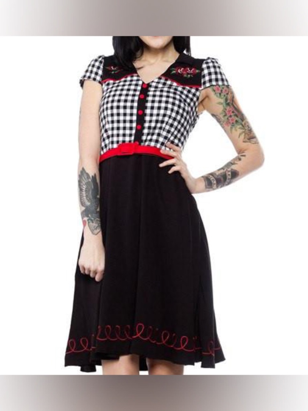 Sourpuss - Tattoo Rose Dress Black & White Gingham Dress with Rose Embroidery S